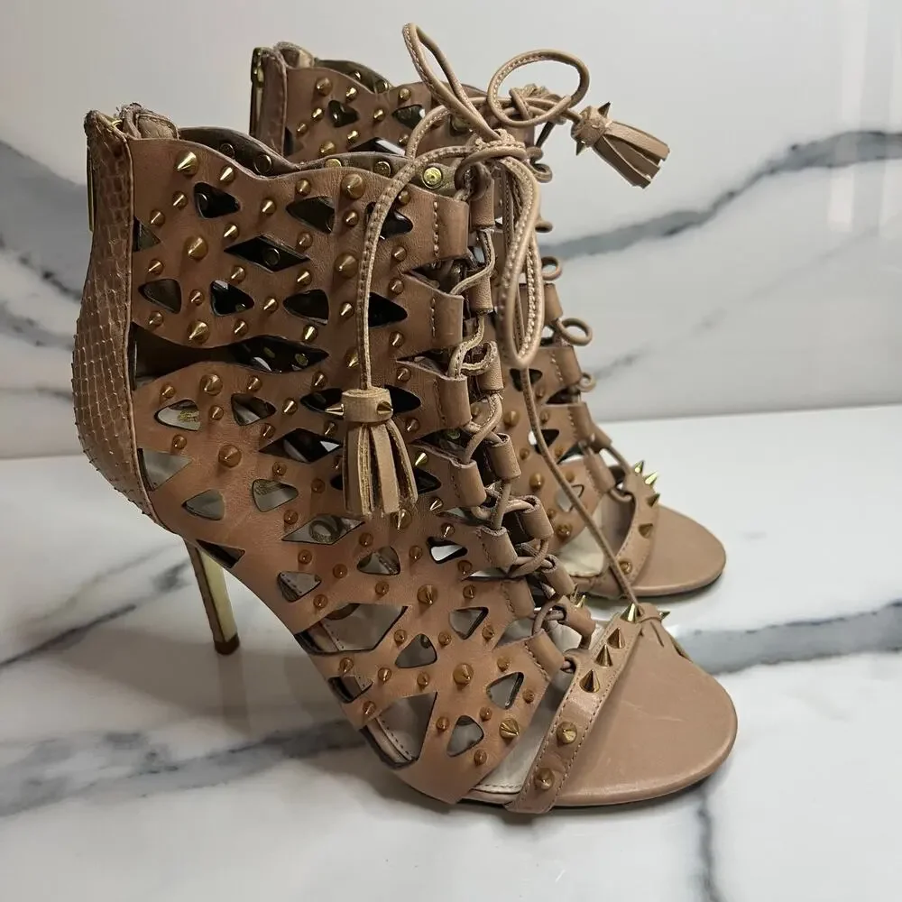 Sam Edelman Women's Tan Leather Spikes Open Toe Allison Bootie Heels Sz 6.5